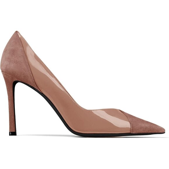 Women's Coffee Pointed Toe Pumps Patent Suede Heel Stiletto Slip On High Heels - Picture 4 of 5